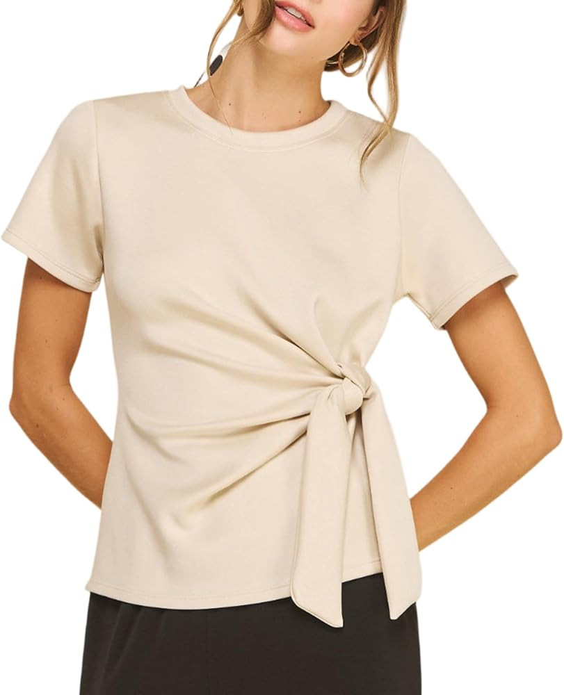 SeeLuNa Women Knot Going Out Tops Crewneck Short Sleeve T Shirts Tie Waist Stretch Elegant Blouse... | Amazon (US)