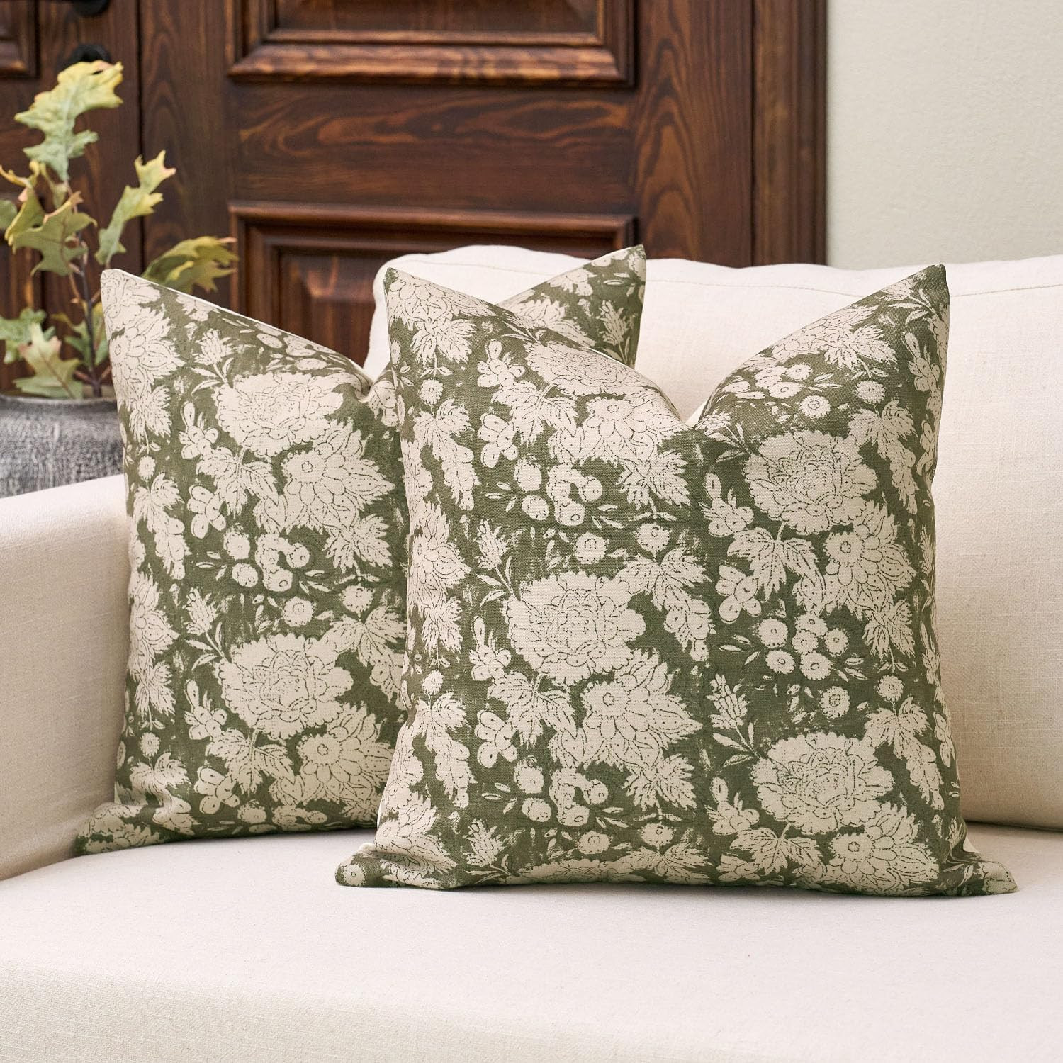 Floral Pillow Covers 20x20 Set of 2, Vintage Block Print Pillow Covers Neutral Decorative Farmhouse Throw Pillow Covers for Bed Couch Living Room Dusty Green | Amazon (US)