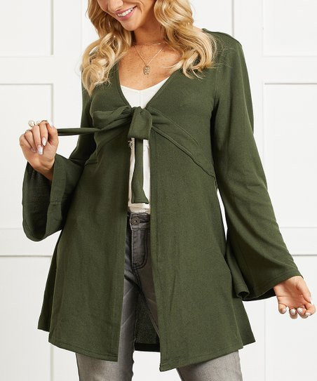 Olive Tie-Front Ruffle-Hem Cardigan - Women | Zulily