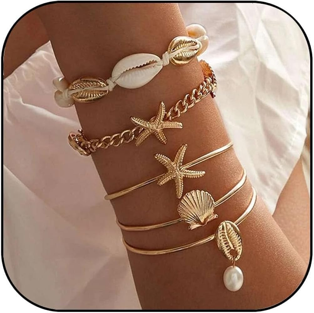 Gold Starfish Shell Bracelet for Women Boho Starfish Seashell Pearl Stack Bracelets Layered Shell... | Amazon (US)