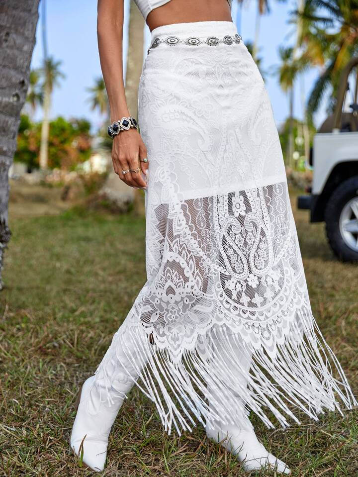 SHEIN VCAY Fringe Hem Lace Overlay Skirt Without Belt | SHEIN