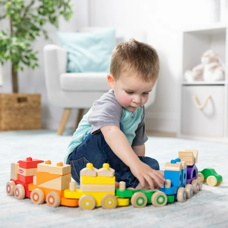 Melissa & Doug Deluxe Wooden Stacking Train, 32 Inch Length, 6 Cars, 19 Blocks, 2 Vehicles, for T... | Walmart (US)
