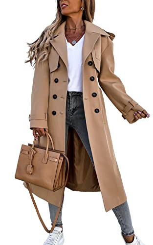 Fisoew Women's Double Breasted Long Trench Coat Windproof Classic Lapel Belted Overcoat with Pockets Khaki | Amazon (US)