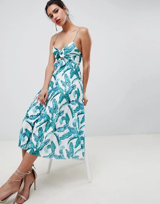 ASOS DESIGN knot front pleated midi dress in palm print | ASOS US