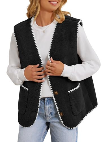 MEROKEETY Women's Fuzzy Fleece Vest Sleeveless Colorblock Sherpa Jacket Button Down Outerwear with Pockets Black XL | Amazon (US)