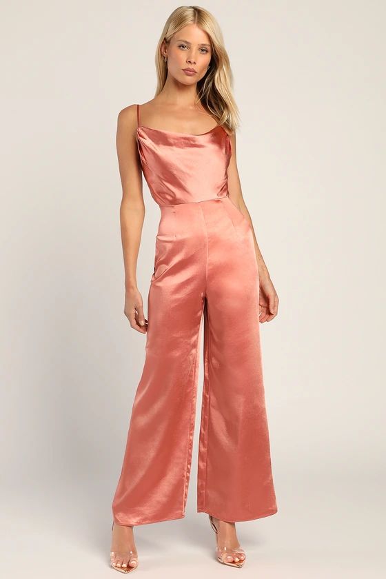Perfect Night Dusty Pink Satin Cowl Neck Culotte Jumpsuit | Lulus (US)