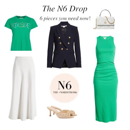The Nordstrom6 May Drop is live! 5 pro stylists worked together to build this mini capsule of spring wardrobe additions! We chose a white midi skirt, Veronica Beard blazer, fun graphic tee, dainty raffia slides, a green tank dress, and a mini quilted convertible handbag! Size down in the dress, everything else is true to size! 

#LTKstyletip #LTKshoecrush #LTKover40