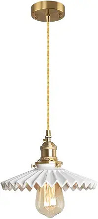White Ceramic Pendant Light Fixture with On/Off Switch, Pleated Chandelier Design with E26 Socket... | Amazon (US)