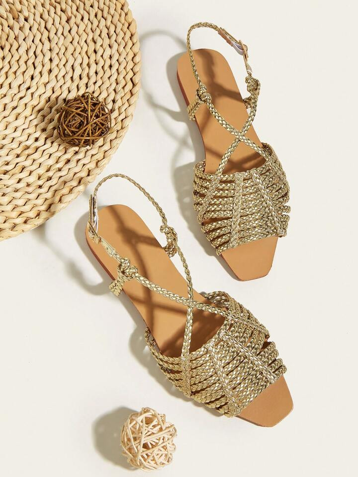 Women Random Braided Detail Flat Sandals, Vacation Summer Slingback Sandals | SHEIN