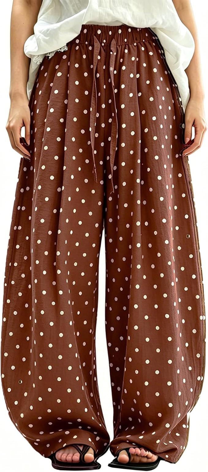 Women Polka Dot Pants Linen Blend Wide Leg High Waist Drawstring Casual Loose Vacation Lounge Pal... | Amazon (US)