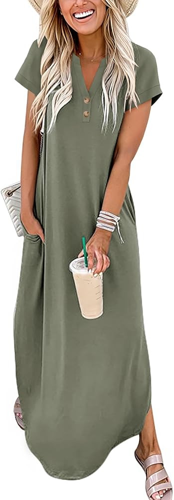 ANRABESS Women Summer Maxi Dress Casual Short Sleeve V Neck Button Up Loose Split Travel Dresses ... | Amazon (US)