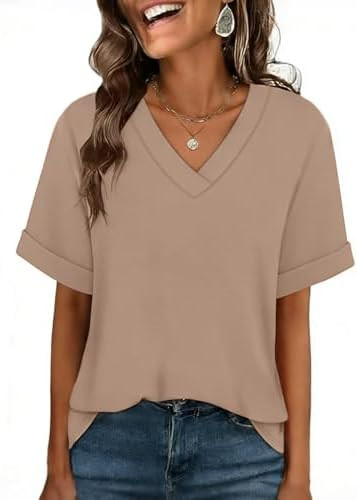 WIHOLL Womens Oversized V Neck Tshirts Plus Size Summer Tops 2026 Short Rolled Sleeve Shirts Dres... | Amazon (US)