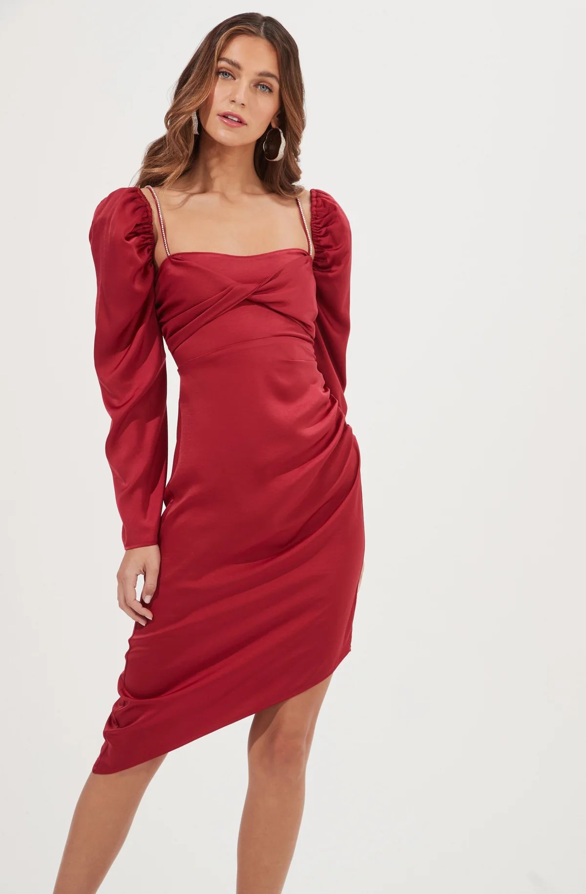 Claudina Rhinestone Embellished Satin Long Sleeve Midi Dress | ASTR The Label (US)