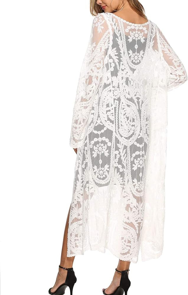 Women's Lace Cardigan Floral Crochet Sheer Beach Cover Ups Long Open Kimono | Amazon (US)