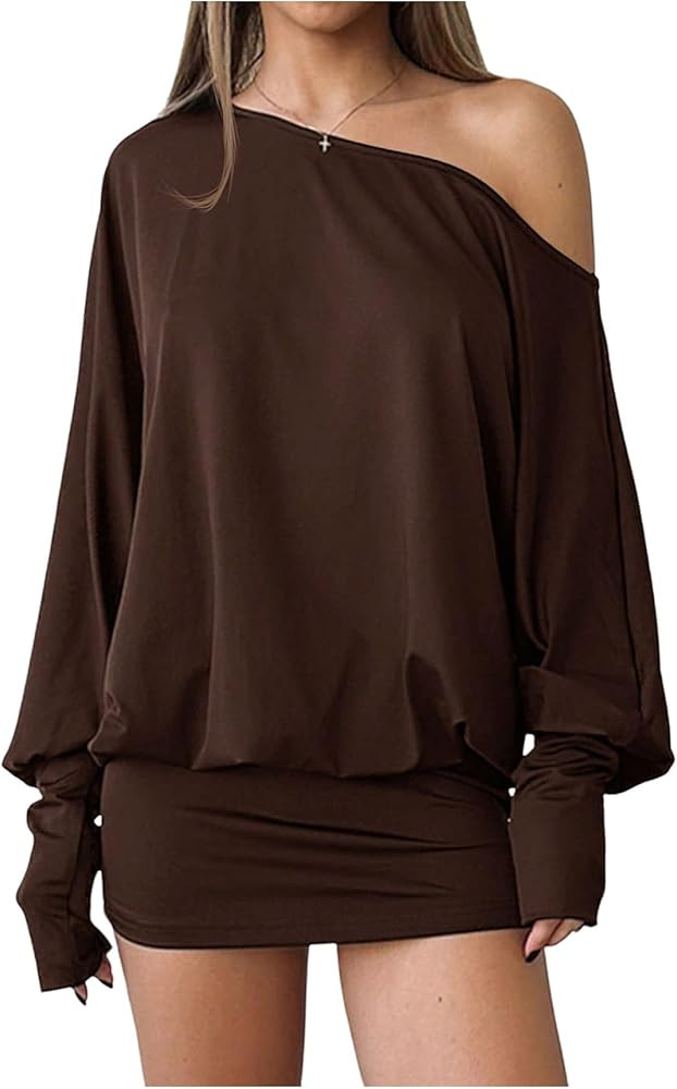 SOLY HUX Women's Long Sleeve Off The Shoulder Dress Y2k Mini Dress Streetwear Music Festival Outfits | Amazon (US)