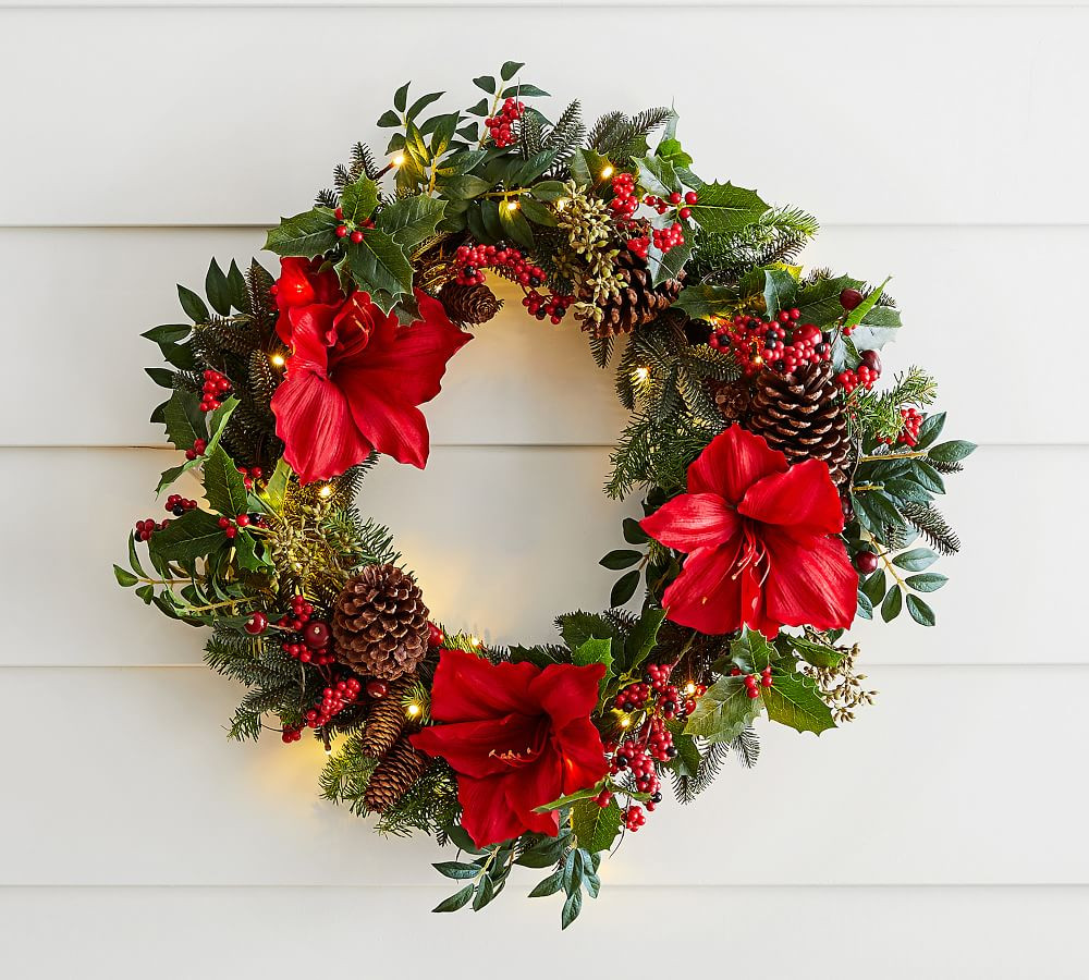 Faux Amaryllis Twiggy Holiday Wreath, 28&amp;quot;, Red &amp;amp; Green | Pottery Barn (US)