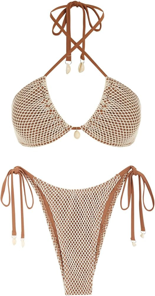 seamoly Women's Bikini Sets Halter Fishnet Shell Decorated Two Piece Swimsuit Sexy Side Tie Thong... | Amazon (US)