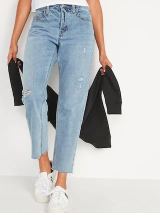 High-Waisted Button-Fly Slouchy Straight Distressed Cropped Non-Stretch Jeans for Women | Old Navy (US)