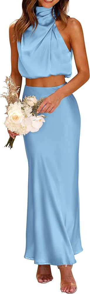 PRETTYGARDEN Women's 2 Piece Satin Outfits Summer Sleeveless Mock Neck Crop Tops And Long Skirt D... | Amazon (US)