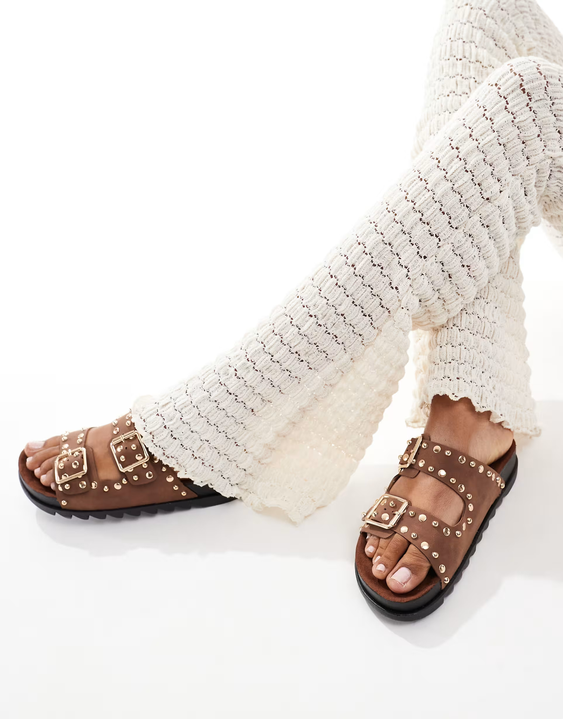 ASOS DESIGN Fantasy studded flat sandal in brown | ASOS (Global)