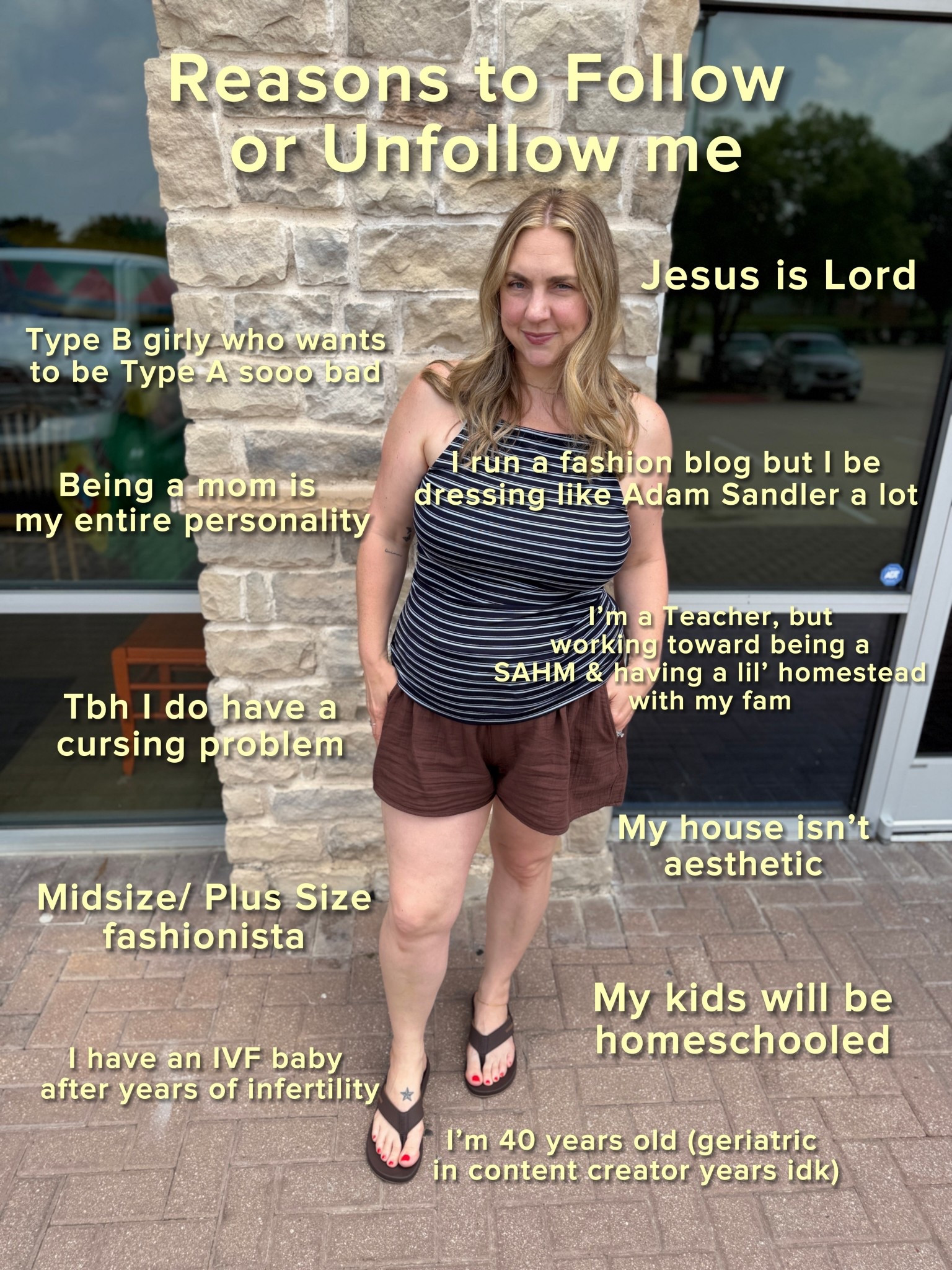 In case you needed a reason to follow or unfollow me ♥️ and you can still comment “SHOP” if you want links to any of my fit! ⭐️ 

#trends #midsizegals #gettoknowme #ootd #aboutme Christian girl, mom life, over 40 creator, midsize plus size girl, mom style, IVF, homeschool, SAHM, homestead, slow living

#LTKOver40 #LTKMidsize #LTKmomlife