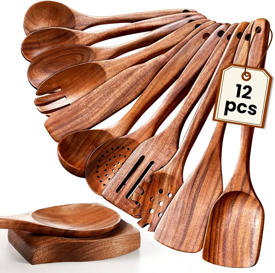Wooden Spoons for Cooking, 12 Pcs Nonstick Wooden Cooking Utensils Set with Comfort Grip – 100%... | Amazon (US)