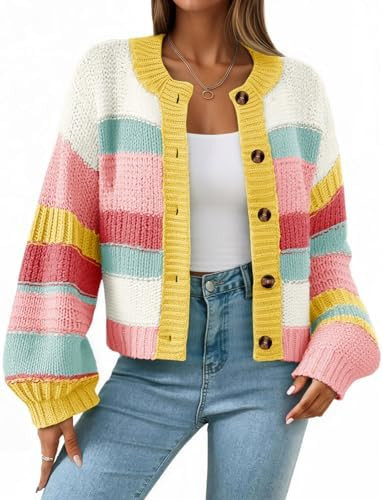 Saodimallsu Womens Striped Chunky Cardigan Sweaters Button Up Fall Trendy Color Block Long Sleeve... | Amazon (US)