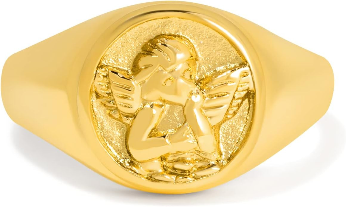 Gold Chunky Signet Stackable Pinky Ring for Women Men, Guardian Angel Cherub, Tarnish-Resistant 1... | Amazon (US)