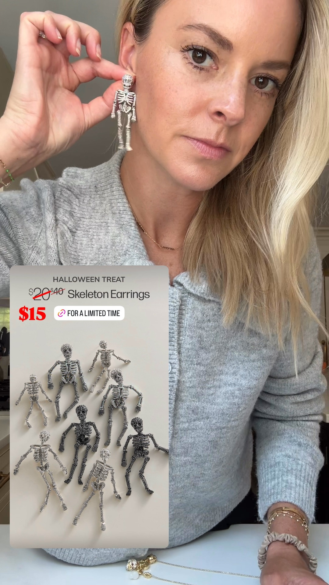 My skeleton earrings are on sale for $15!!
•small cardigan, tts 
Halloween jewelry