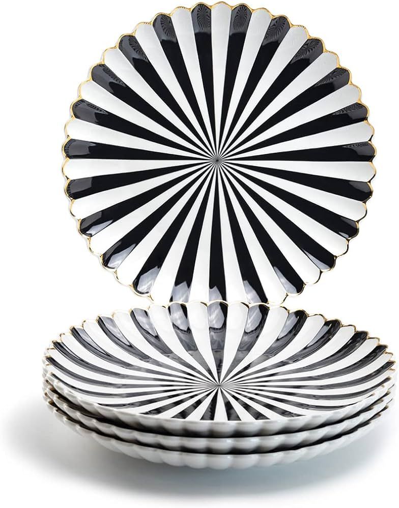 Grace Teaware Black and White Scallop Fine Porcelain Dinner Plate Set of 4 with Gold Trim | Amazon (US)