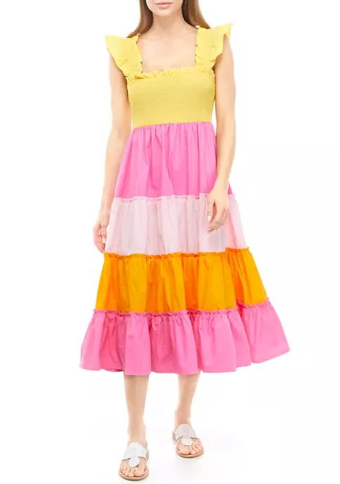 Women's Flutter Sleeve Color Block Tiered Midi Dress | Belk