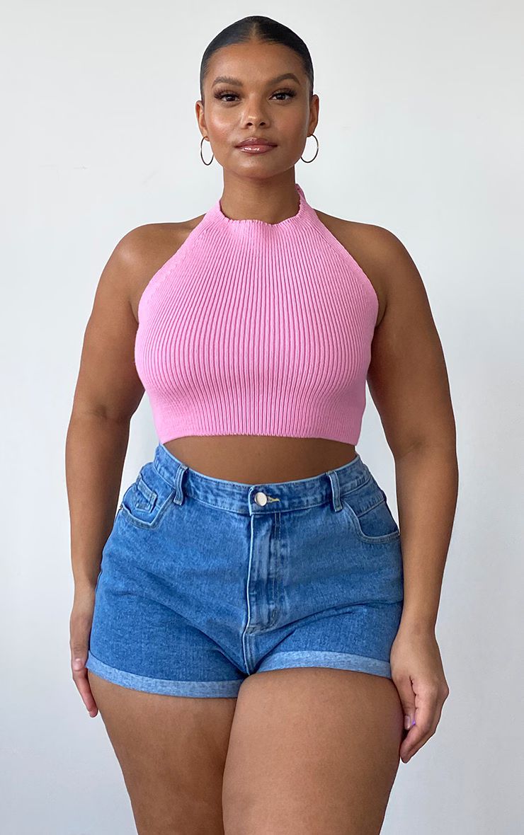 Plus Pink Knitted Halterneck Crop Top | PrettyLittleThing US