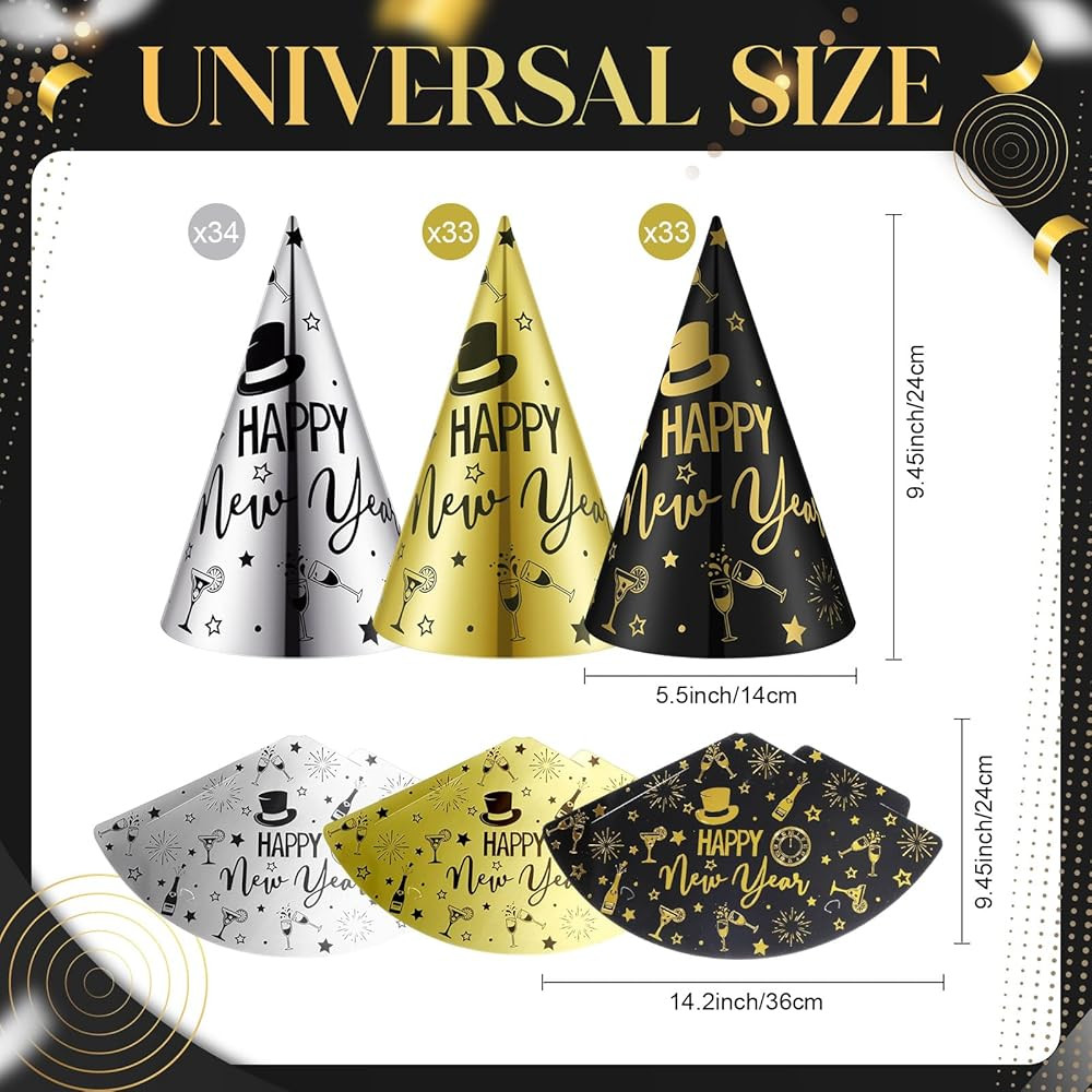 TaoBary 100 Pcs New Years Eve Party Hats Bulk Black Gold Silver Cone Hats 2026 New Years Party Su... | Amazon (US)