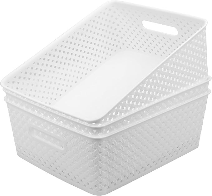 MaxGear 3 Pack Plastic Storage Baskets, Large, White | Amazon (US)