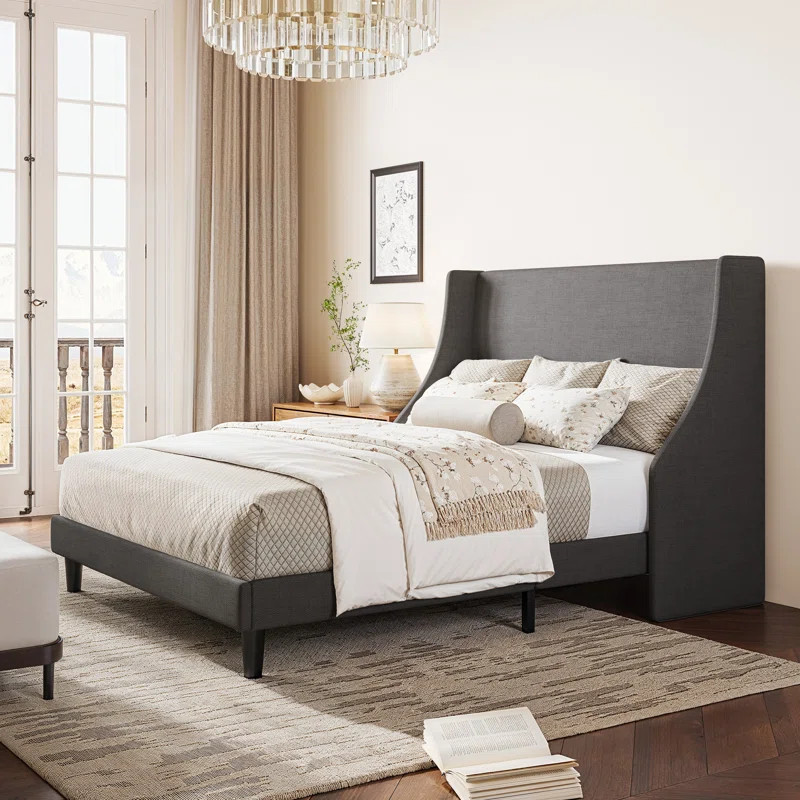 Bowdoin Modern Linen Upholstered Wingback Platform Bed with Wooden Slats | Wayfair North America