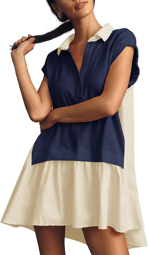 Fisoew Womens Summer Sweatshirt Dresses Short Sleeve V Neck Casual Oversized Patchwork Mini Dress | Amazon (US)