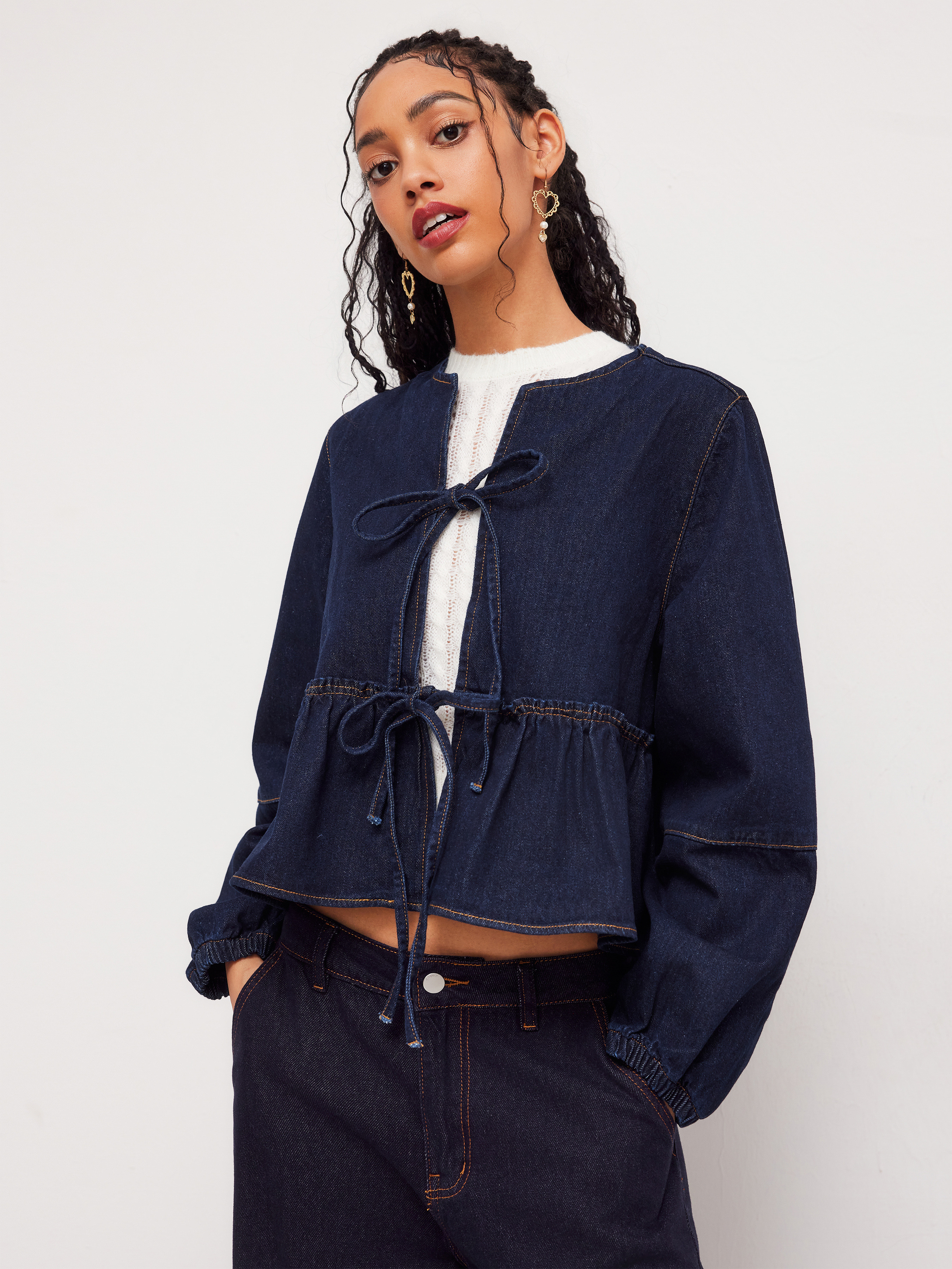 Denim Denim Round Neckline Tie Front Ruffle Hem Jacket For Daily Casual | Cider