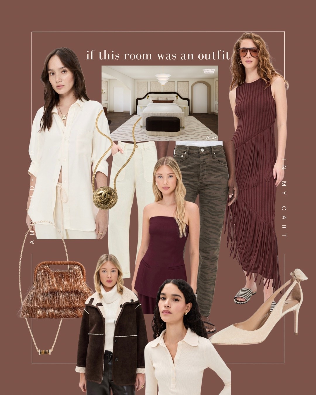 Creams, deep olive greens, burgundy, and texture (with a side of tiger print & fringe) define this primary bedroom. And the outfits follow suit. Kind of obsessed with this  moodboard. Would wear this room. 

#burgundy #olivegreen #designerinspired #shopbop #springoutfits #springfashion #nyfw

#LTKootd #LTKHome #LTKNYFW