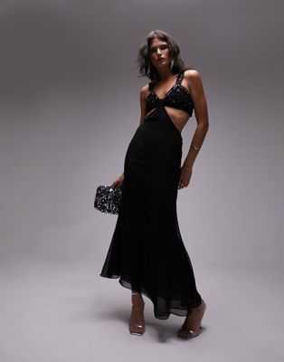 Topshop embellished sheer knot front bralet midi dress in black | ASOS (Global)