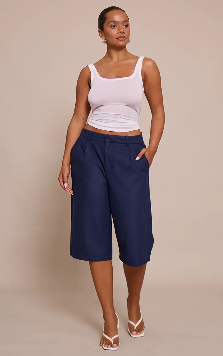 Shorts | Shape Navy Wool-Look Long Line Shorts | PrettyLittleThing | PrettyLittleThing US