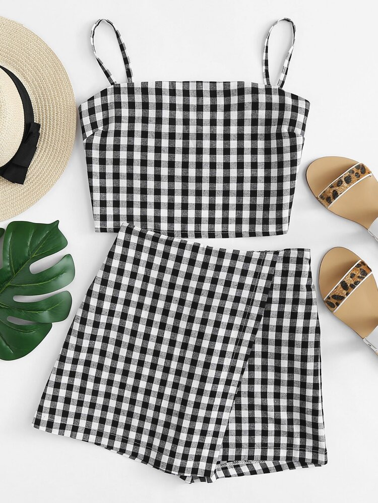 Gingham Cropped Cami Top & Skorts Set | SHEIN