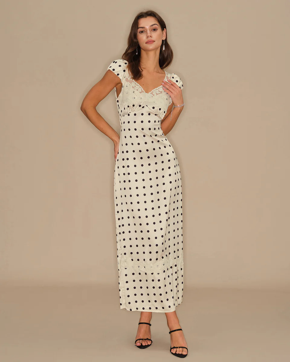 Apricot Polka Dot Lace Maxi Dress | rihoas.com