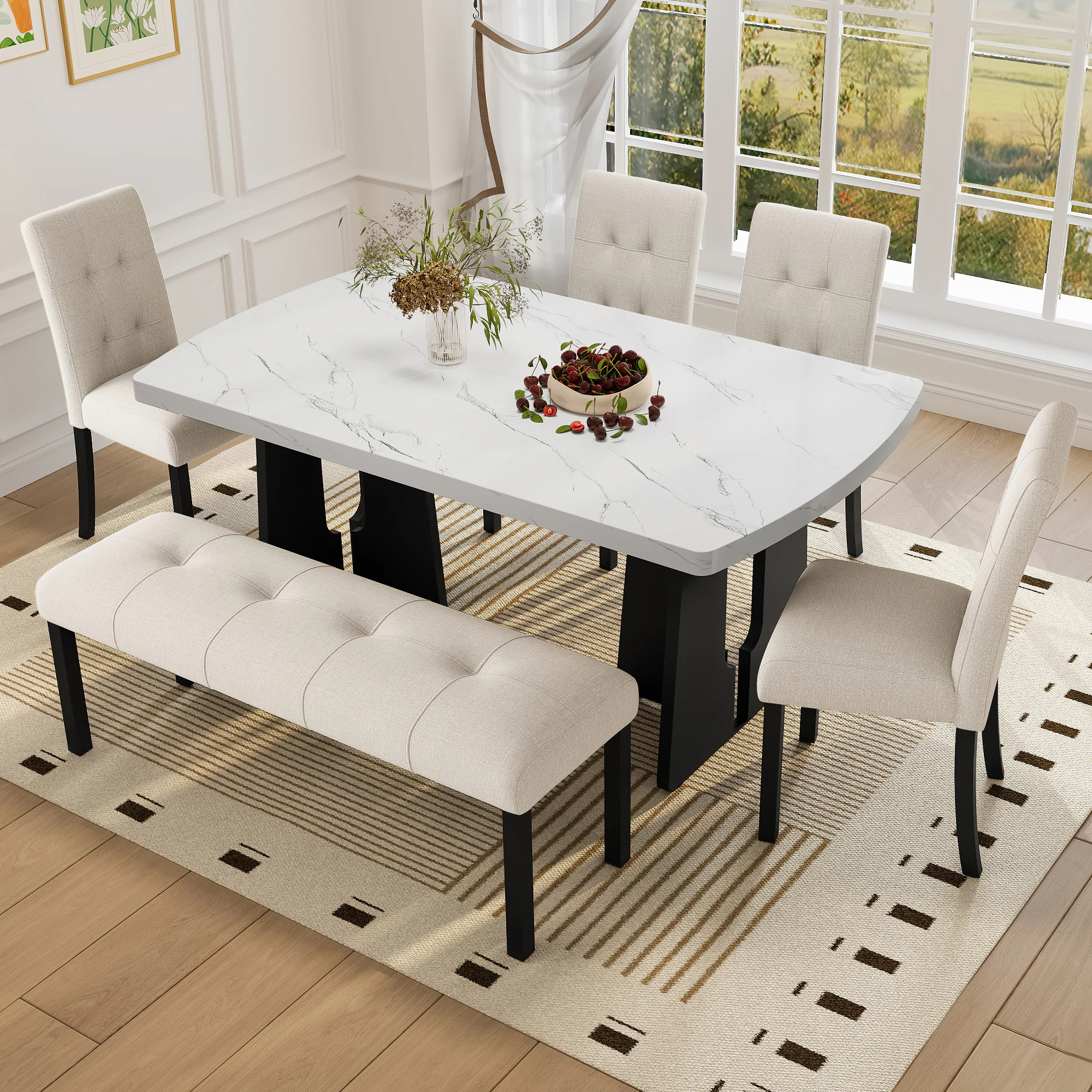 ModernLuxe 6 Piece Modern Dining Table Set 63inch Faux Marble Dining Table with Geometric Legs 4 Upholstered Chairs 1 Bench Suitable for Dining | Lowe's