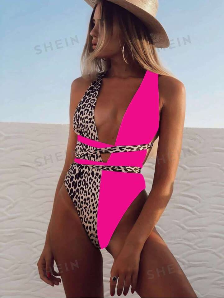 Leopard Criss Cross Plunging One Piece Swimsuit | SHEIN