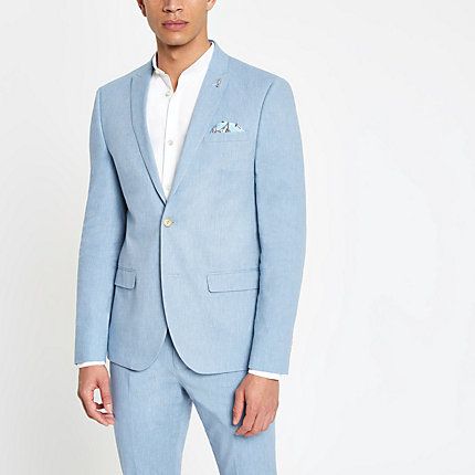 River Island Mens Light blue skinny fit suit jacket with linen | River Island (US)