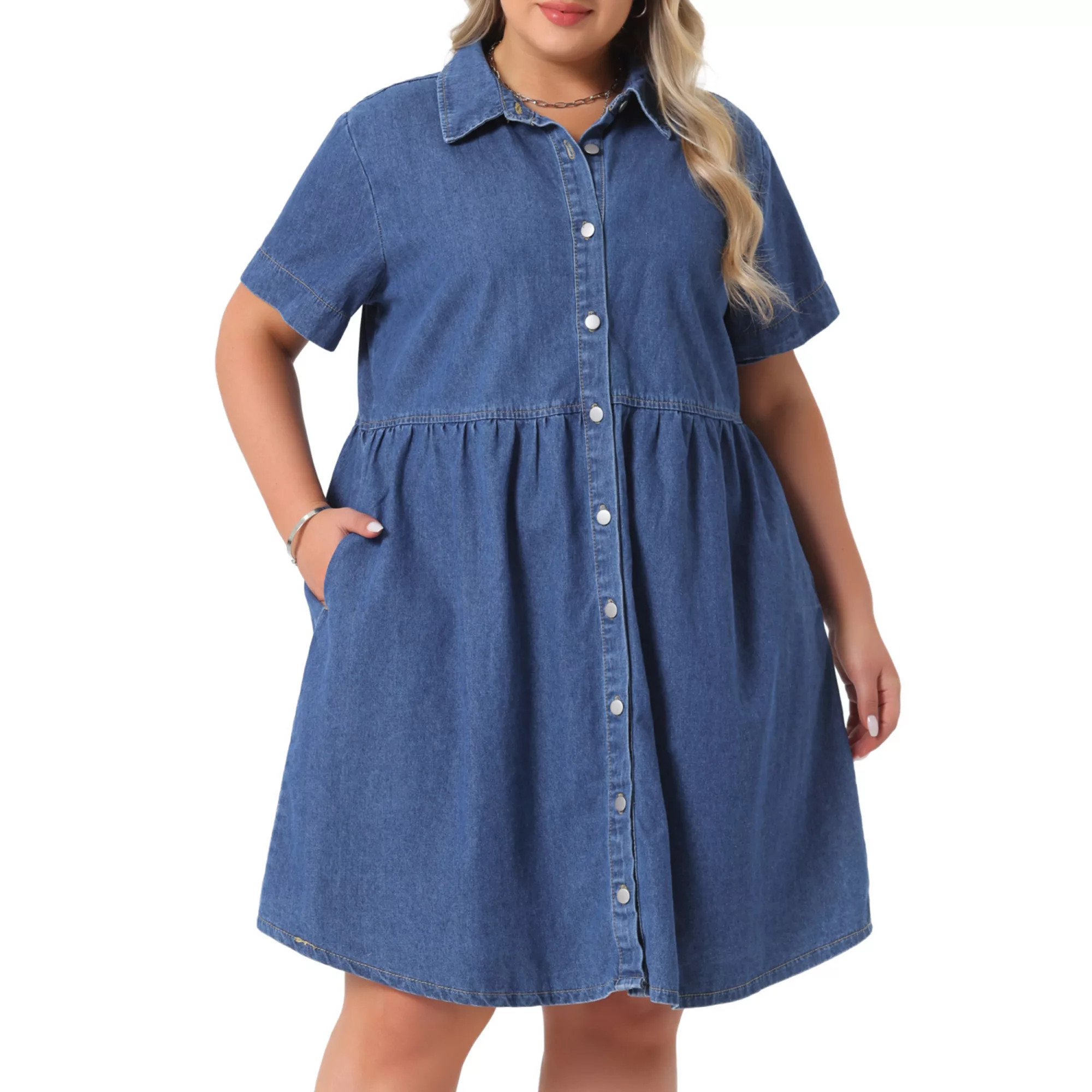 Women's Plus Size Denim Dress Babydoll Tiered Short Sleeve Button Down Jean Shirt Dresses | Kohl's