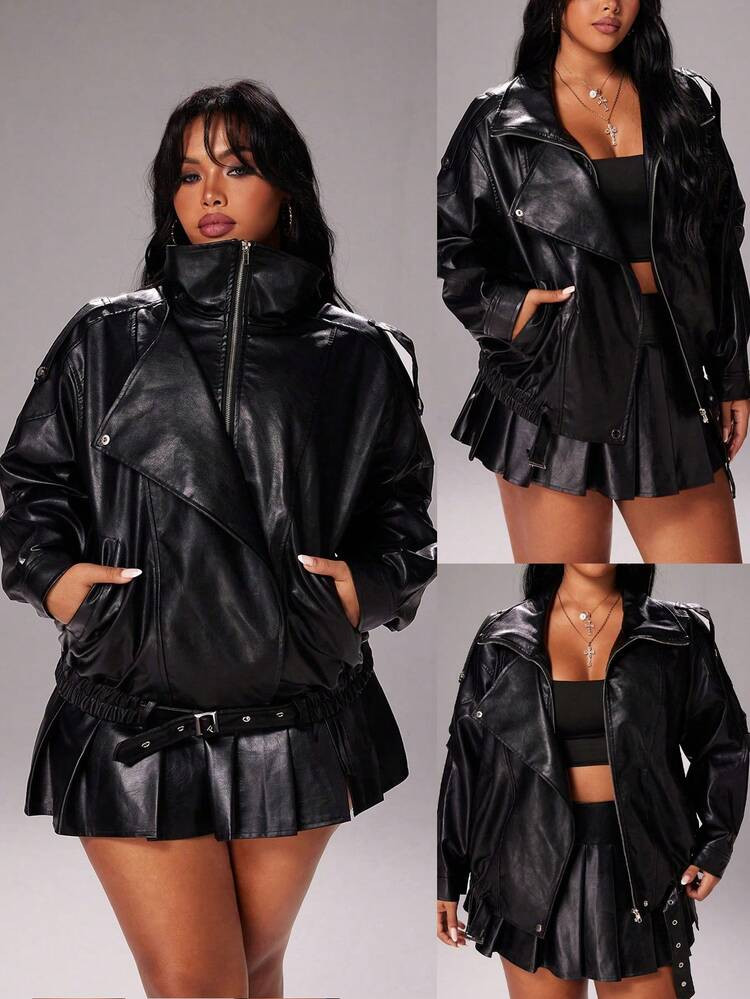 Rustia Plus Size Stylish Street Style Casual Loose Fit Motorcycle Leather Jacket, Autumn | SHEIN