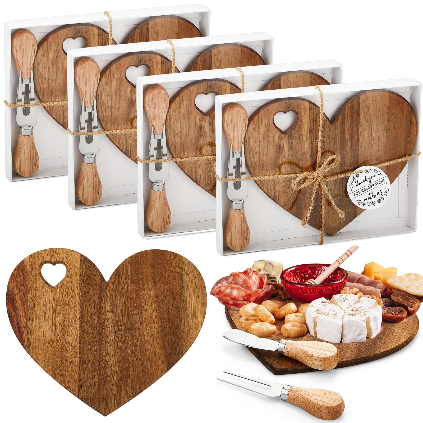 Patelai 4 Set Bridal Baby Shower Favor Heart Cheese Board with Knife, Wood Mini Charcuterie Board... | Amazon (US)