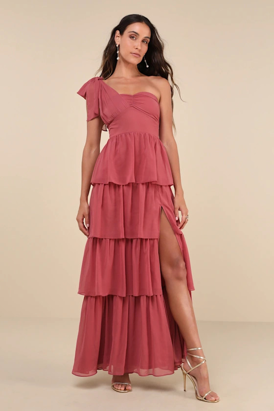 Elevated Vision Rusty Rose One-Shoulder Tiered Maxi Dress | Lulus
