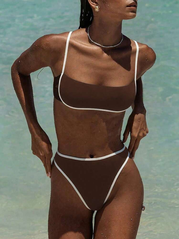 Women Simple Spliced Tie Back Sexy Girls Bikini Set High Waist Bathing Suits Beach Outfit Female Swimwear Coffee Color Vacation Summer | SHEIN
